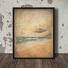 Listing image for Vintage UFO BEACH Wall Art, Sci-fi Ocean Nautical Decor, Alien Sea UAP Poster
